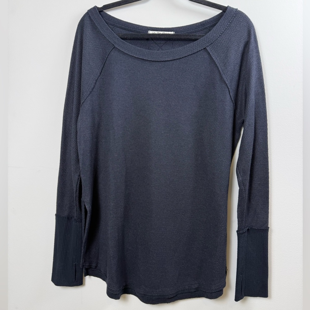 Free People We The Free Women’s Waffle Knit Long Sleeve Shirt, Black, Large